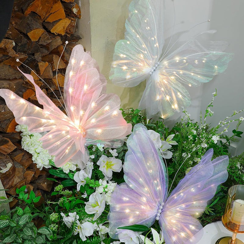 VIHOSE 3 قطع 19.7 بوصة أضواء LED على شكل فراشة باللون الوردي زينة فراشة عملاقة كبيرة أضواء LED زخرفية لحفلات الزفاف الربيعية عيد الفصح الديكور الخارجي Props التصوير عيد الميلاد الزينة - Image 1
